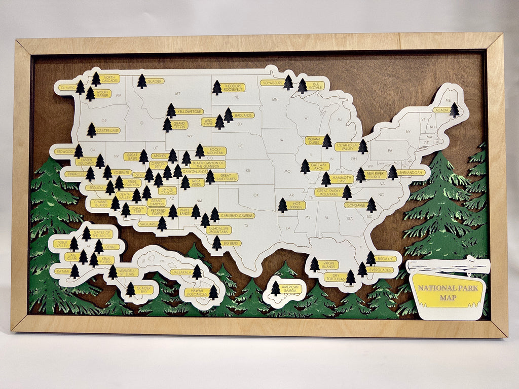 Wooden National Park Pine Tree Travel Map 23” x 14”