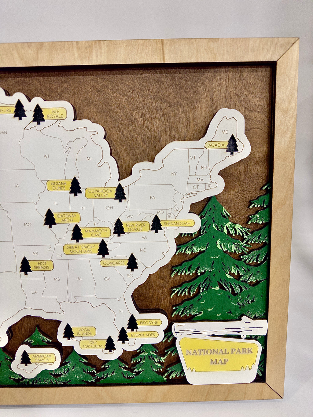 Wooden National Park Pine Tree Travel Map 23” x 14”