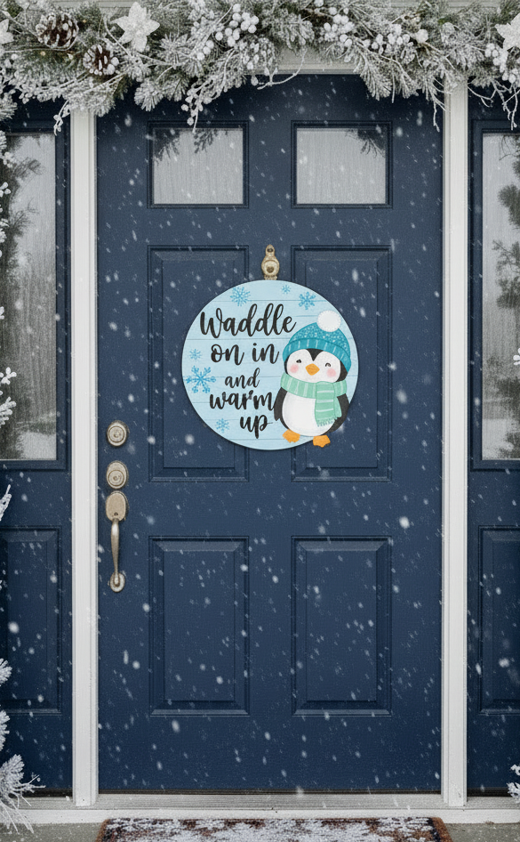 Waddle On In And Warm Up door hanger