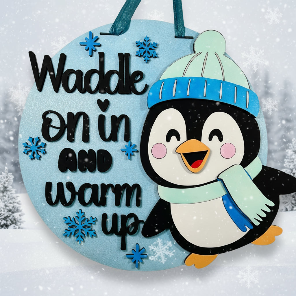 Waddle On In And Warm Up door hanger